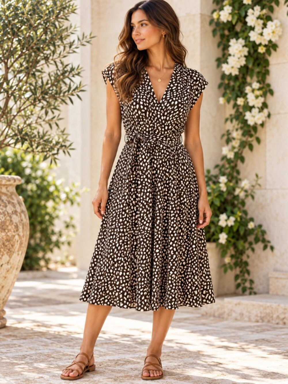 Max Studio Dress Womens XS Brown Animal Print Fit Flare Tie Waist V Neck Career